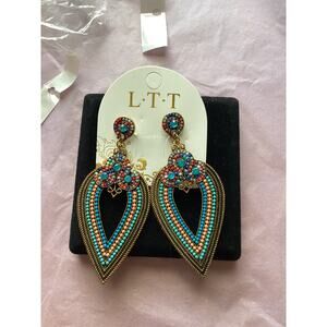 4123 NIP LTT Boho Burnished Rhinestone Multicolor Beaded Tear Drop Stud Earrings